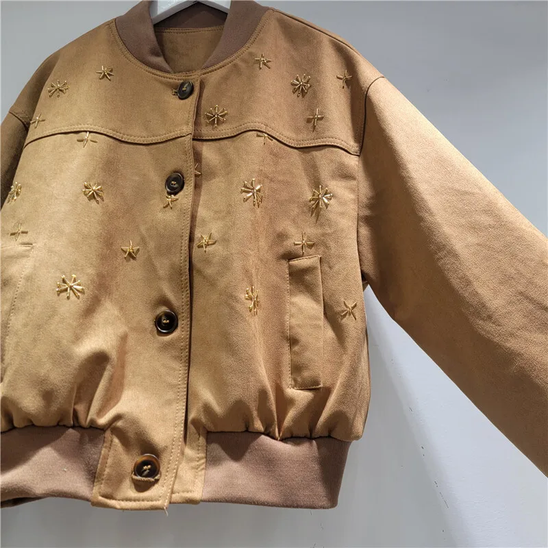 HKSH Autumn New Women Jacket Stand Collar Single Breasted Beaded Pockets Streetwear Stylish Vintage Fashion Casual Coats HK11551