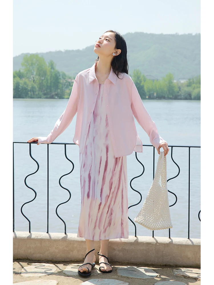 ZIQIAO Summer Pink Purple Gradient Women Long Strapy Dress 2024 New Tyndall Color Shirt Dress Suit For Female24ZQ92224+24ZQ92225