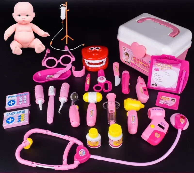 [Funny] 27Pcs Kids Toys Doctor Set Baby Suitcases Medical kit Cosplay Dentist Nurse Simulation Medicine Box sound & light props