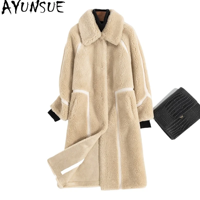 

AYUNSUE 30% Wool Coats Real Fur Coat Womens New in Outerwears Women Clothing Winter Long Coat Composite Sheepskin Fur Шуба 2024