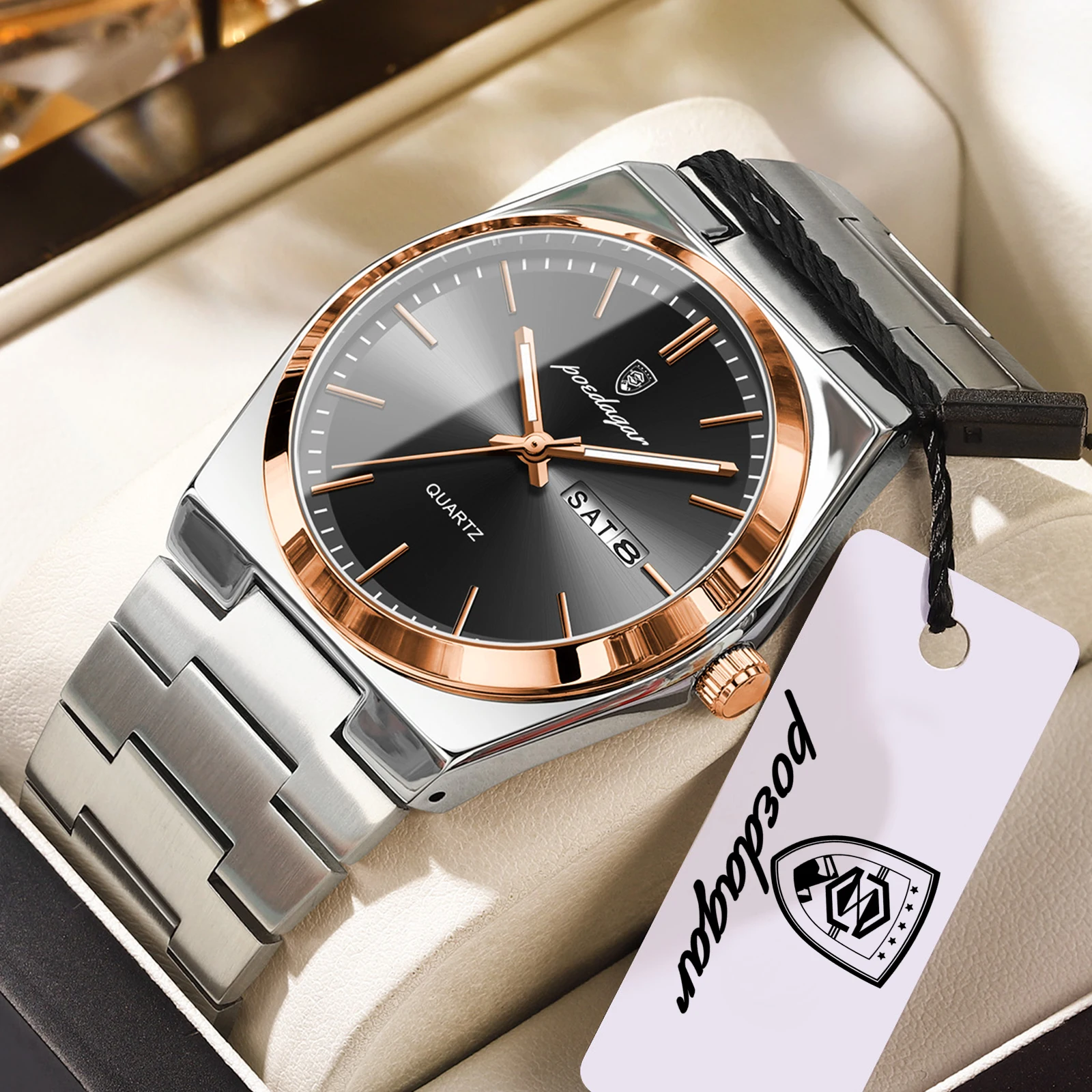POEDAGAR Luxusuhren für Herren, Edelstahl, wasserdicht, leuchtend, Herrenuhr mit Datum und Wochentag, modische, lässige Quarzuhr für Herren, Reloj