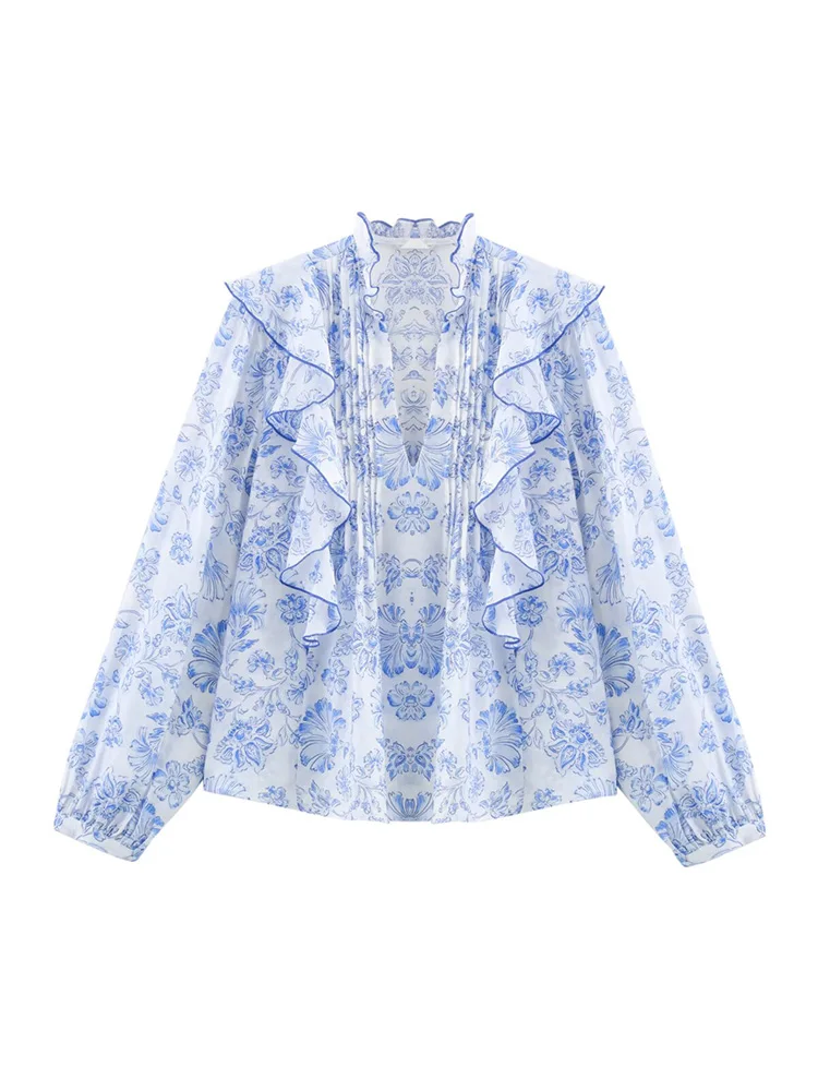 

2025 new women's European and American style French fashion ruffles layered decorative print long-sleeved shirt