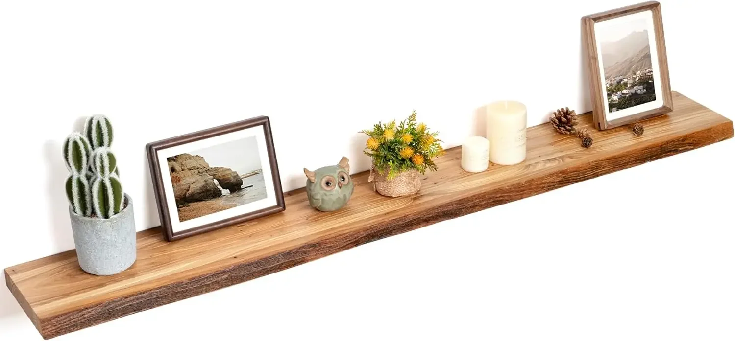 Shelves for Wall Decor, Rustic Solid Elm Wood Floating Shelves Wall Mounted, Wall Shelves with Invisible Bracket for Li