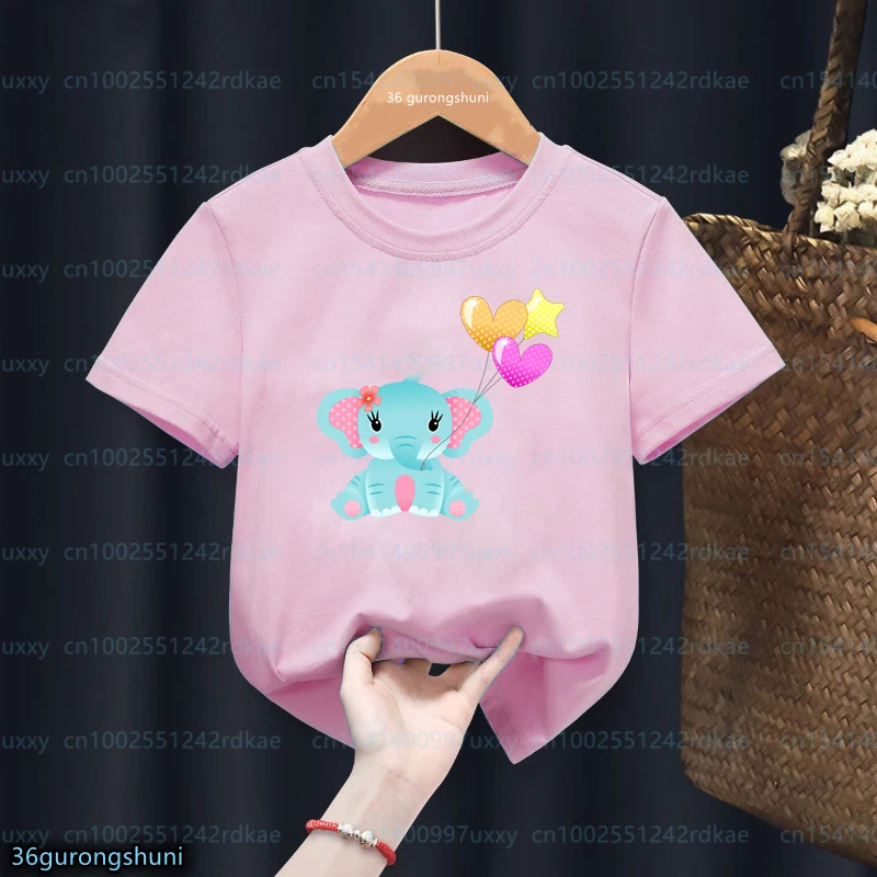 

Kawaii Girls T-Shirts Cute Elephant Holding Balloon Animal Print Toddler Tshirts Fashion Aesthetic Girls Pink Short Sleeve Tops