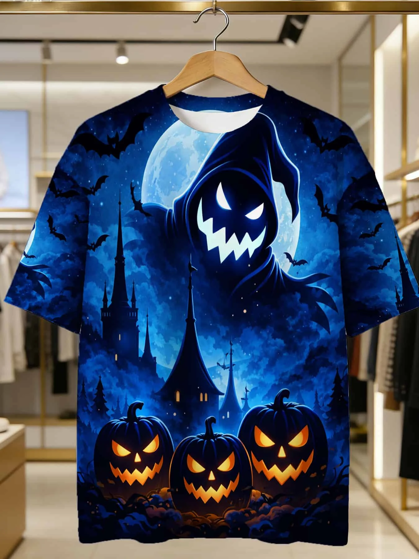 Men Short Sleeve T‑Shirt 3D Ghost Pumpkin Castle Moon Bat Print Halloween Gothic Night Scene Casual Party Top
