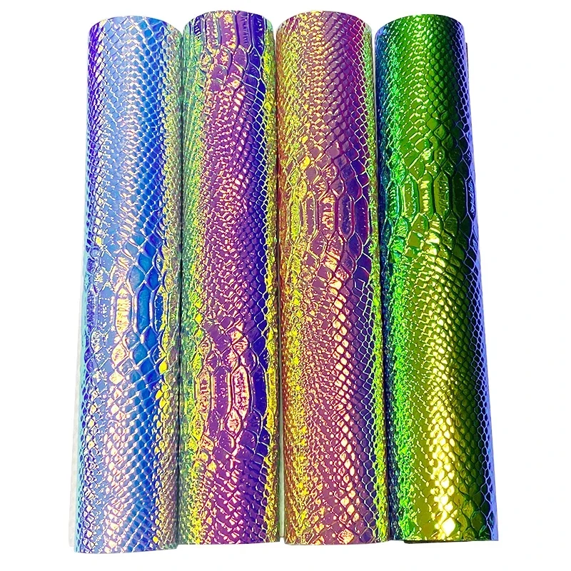 Snake Skin Grain Embossed PU Leather Fabric Holographic Faux Leather Sheets for Making Bag/Decoration/Earring/Shoe/Craft