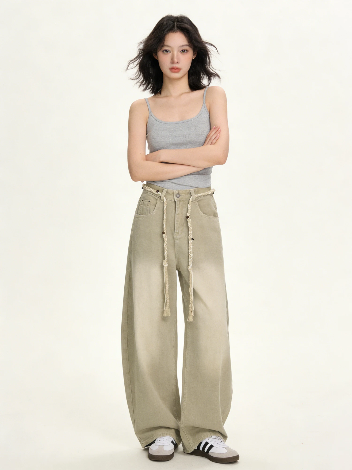 

Khaki Colored Faded Pure Cotton Wide Leg Jeans Women's 2026 New Style Super Beautiful Pants High Waist Belted Commute Friendly