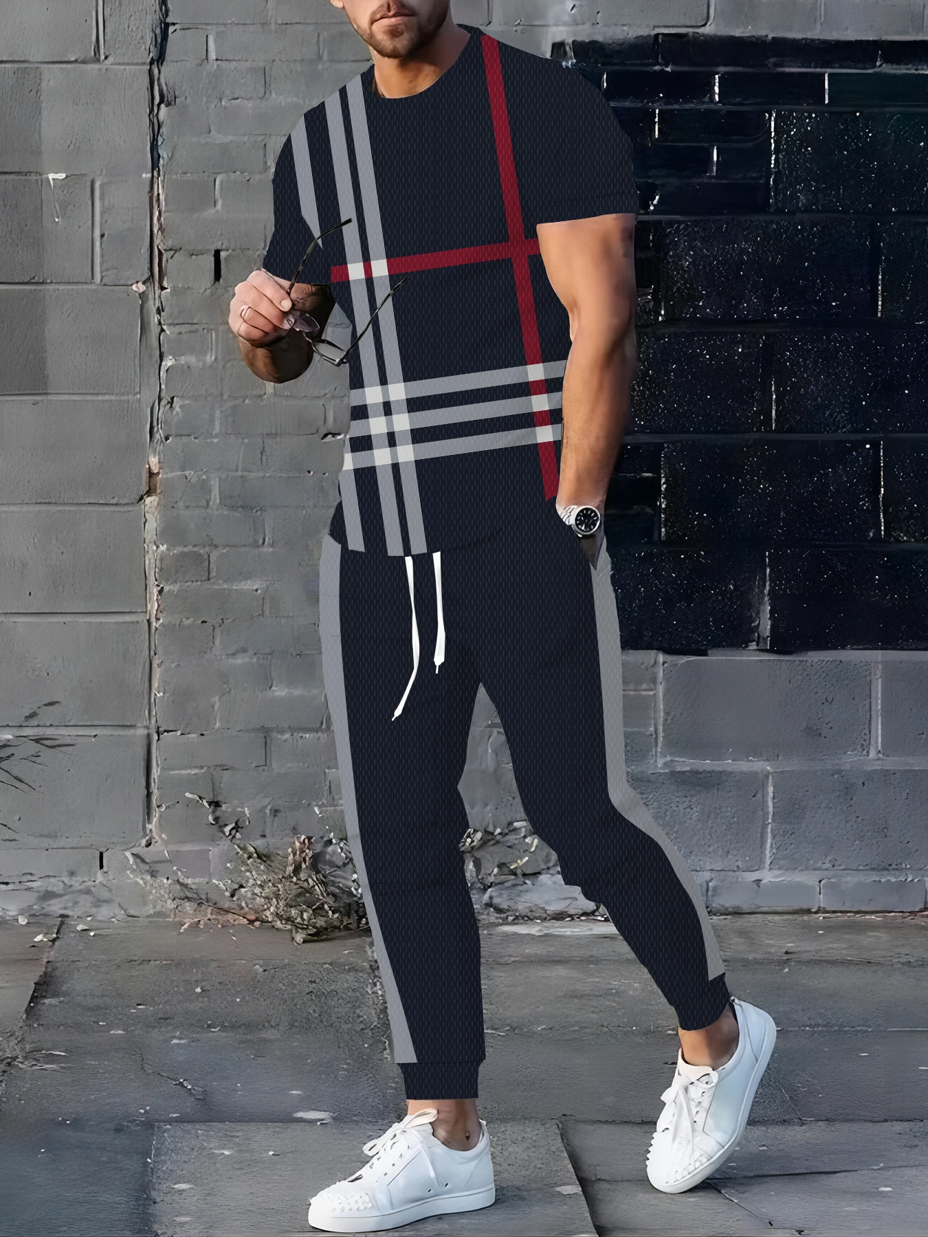 Весенне-осенние мужские брюки с длинным рукавом, комплект из 2 предметов, мужской комплект с красным и синим полосатым принтом, повседневная модная мужская футболка с длинным рукавом