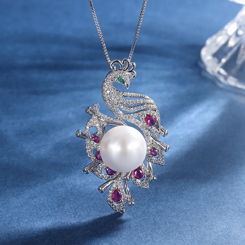 Fashion Jewelry Peacock Pearl Gemstone Pendant Inlaid Diamond Necklace Pendant for Women