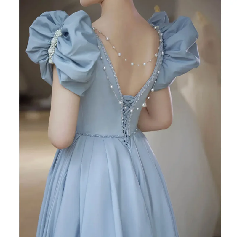 Blue Princess Prom Dress Sweet Puff Sleeves Pearl Bow Backless Floor Length Evening Dress For Elegant Lady 2022 New