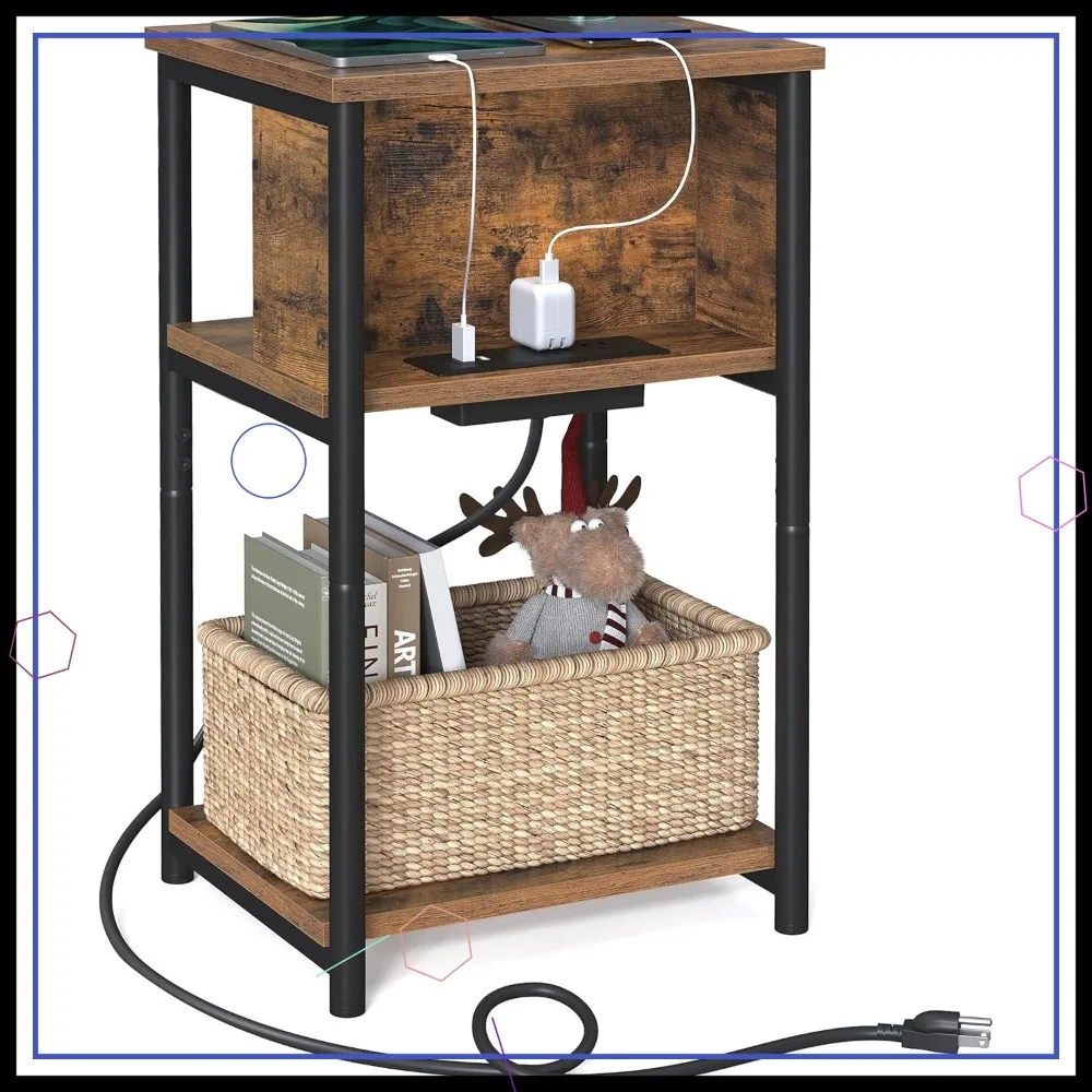 

3-Tier Side Table with Charging Station, USB Ports & Outlets for Living Room or Bedroom, Rustic Brown and Black