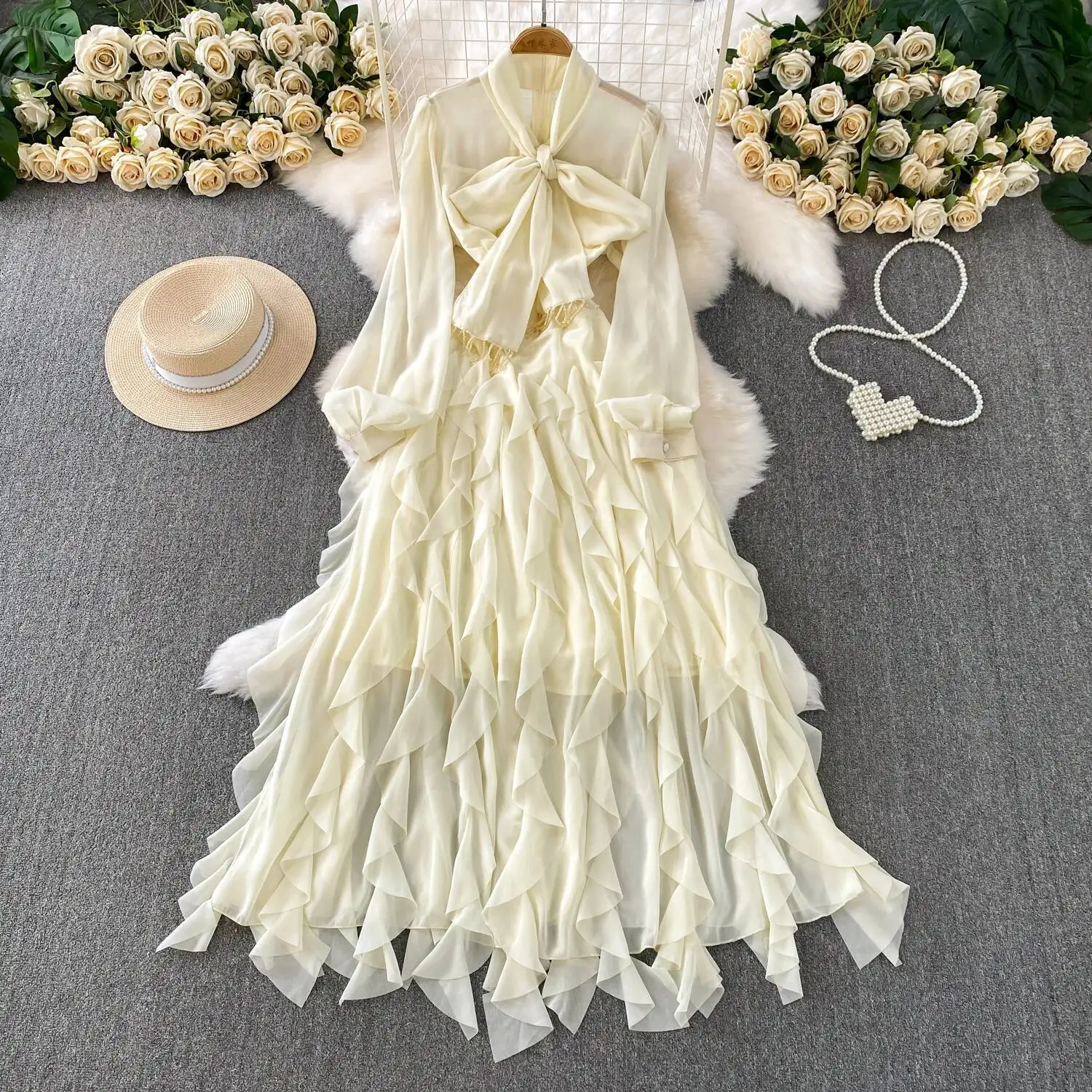 الرجعية أنيقة الخامس الرقبة كشكش الدانتيل متابعة مطوي كم طويل ألف خط عادية عالية الخصر فستان المرأة الخريف #2