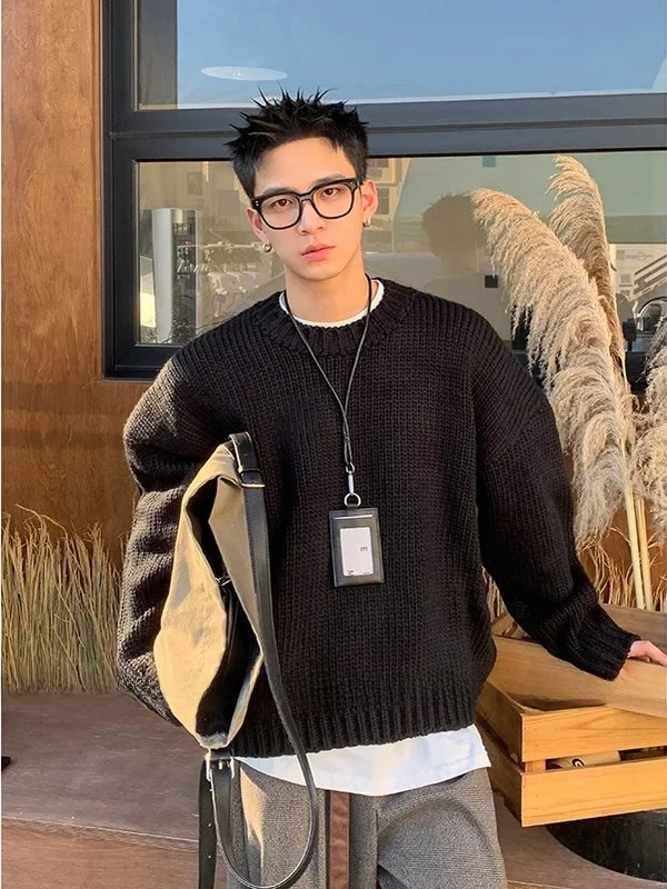 

Мужской вязаный свитер в американском ретро-стиле, ручной работы, мягкий, свободный крой, теплый, повседневный, длинный рукав