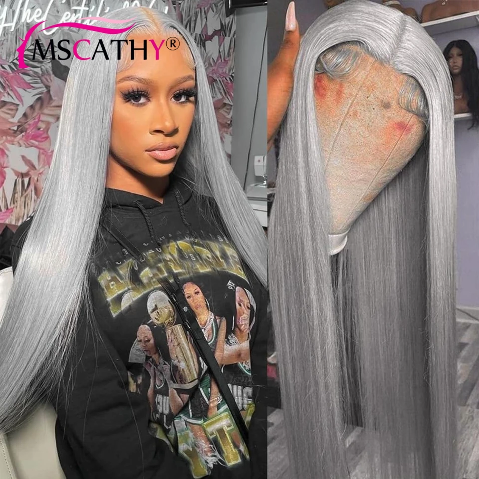 Gray Color 4x4 Lace Closure Wig Human Hair Straight 13x4x2 Lace Frontal Wigs for Women Grey Remy Hair Wig Natural Hairline