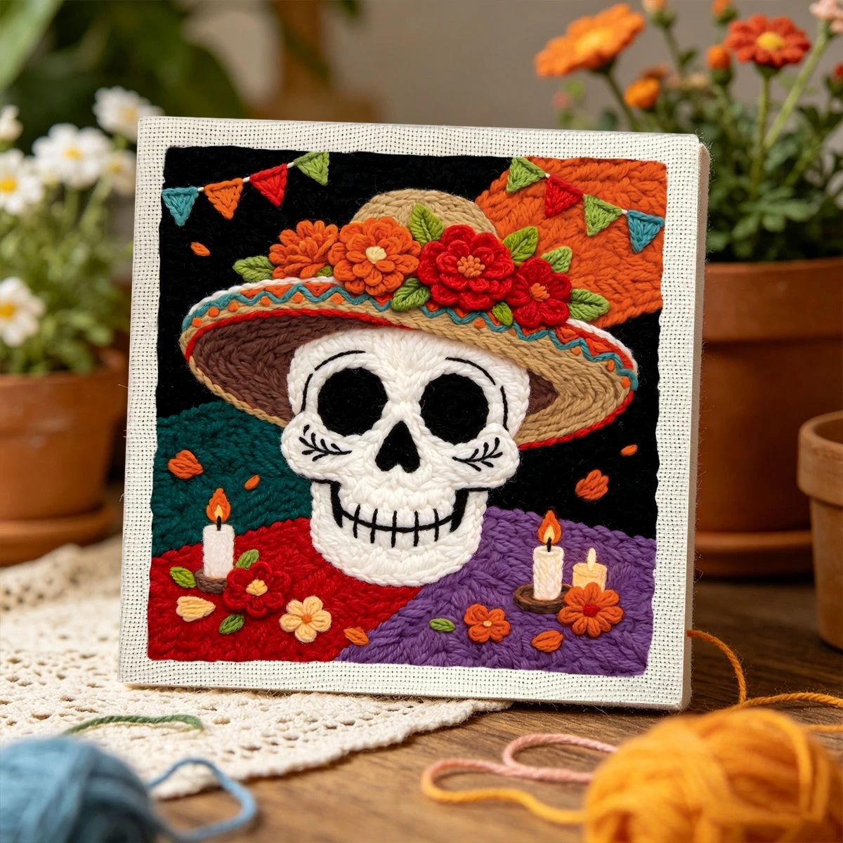 1 Set Sombrero Skull DIY Stickerei-Set für Anfänger, Stick-Starter-Kit, Kreuzstich-Kunstgeschenk, Handarbeits-Bastelset – Detail 3