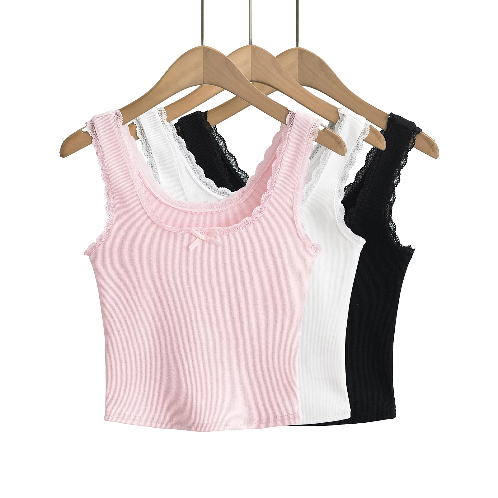 White crop tops women Summer 2024 y2k fashion black lace tank tops for women fake 2 pieces cute clothes lace top pink front tie