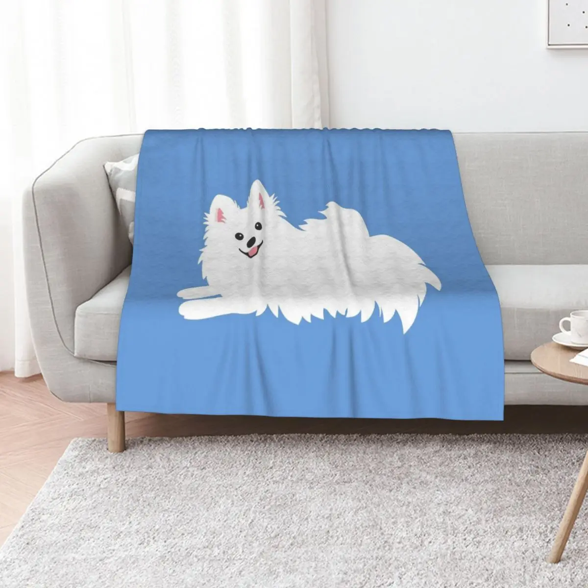 Waiting Japanese Spitz Puppy Dog - KamaHachi Sky Blue Throw Blanket Giant Sofa Heavy Single Soft Blankets