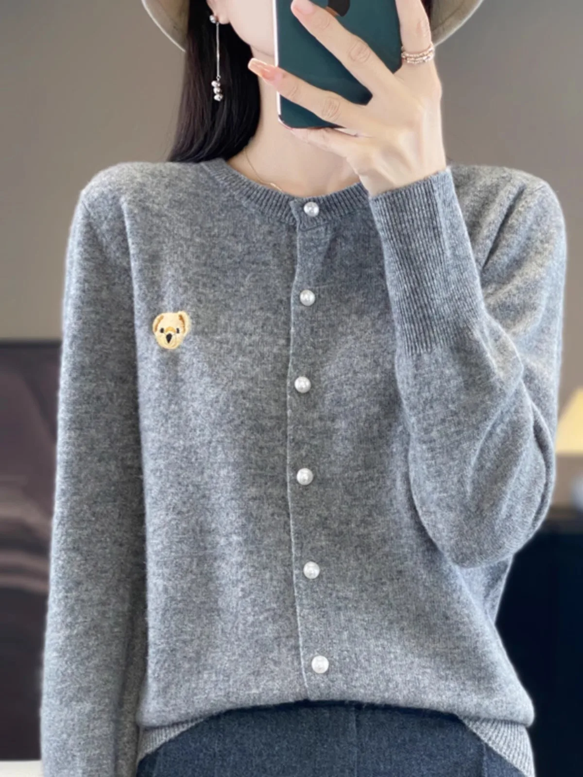 

Ele Long Sve Knitted Sweater round Ne Embroidered Bear Open Cardigan Faionable Versatile Women's Top Commute Sle