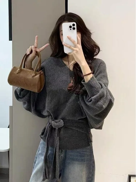 Suéter Hoado de Punto con Cuello en V y Mangas Murciélago Estilo Coreano para Mujer, Otoño Invierno, Cintura Ajustada con C...