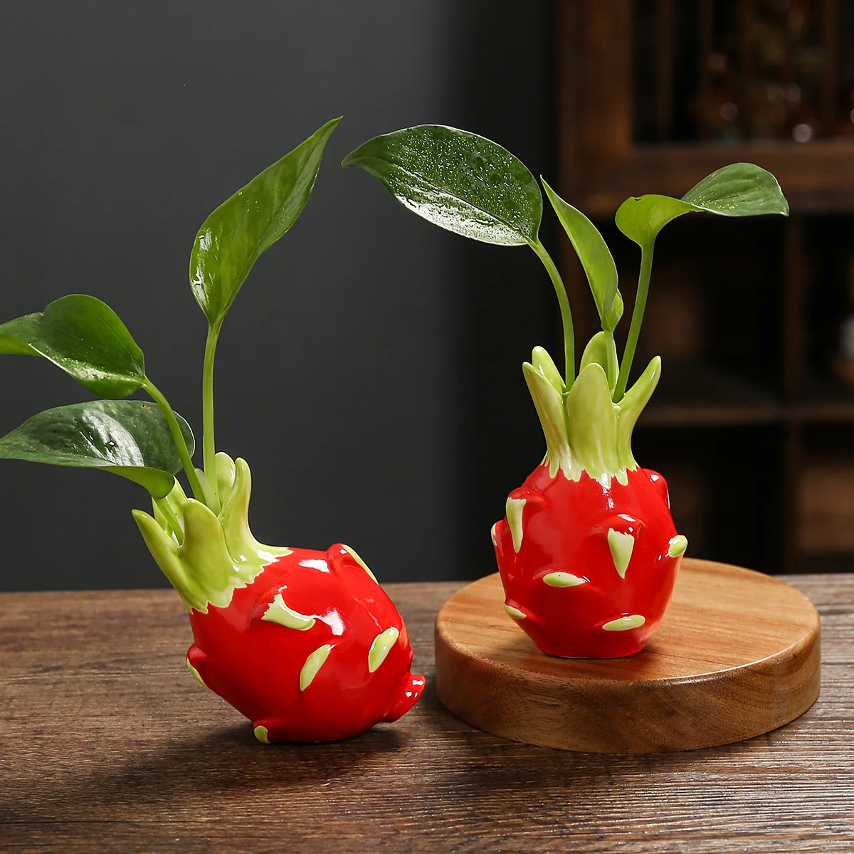 Pitaya Shaped Ceramic Small Vase, Hydroponic Plant Vase for Green Dill, Desktop Ornament Home Office Decor Gift