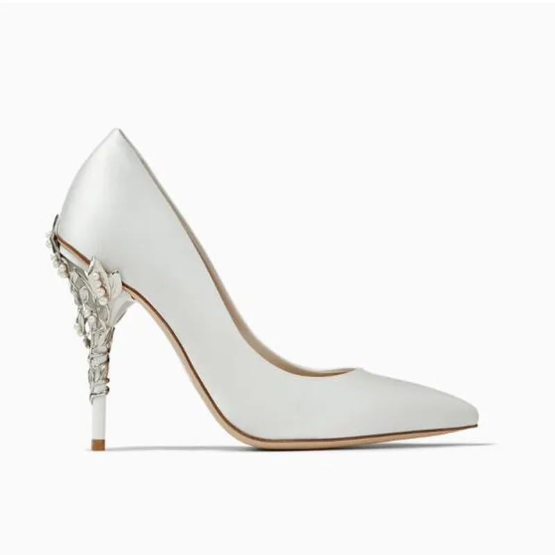 

Elegant White Silk Pearl Metal Leafs Wrapped High Heels Woman Pointed toe Wedding Silk Pumps Banquet Dress Shoes