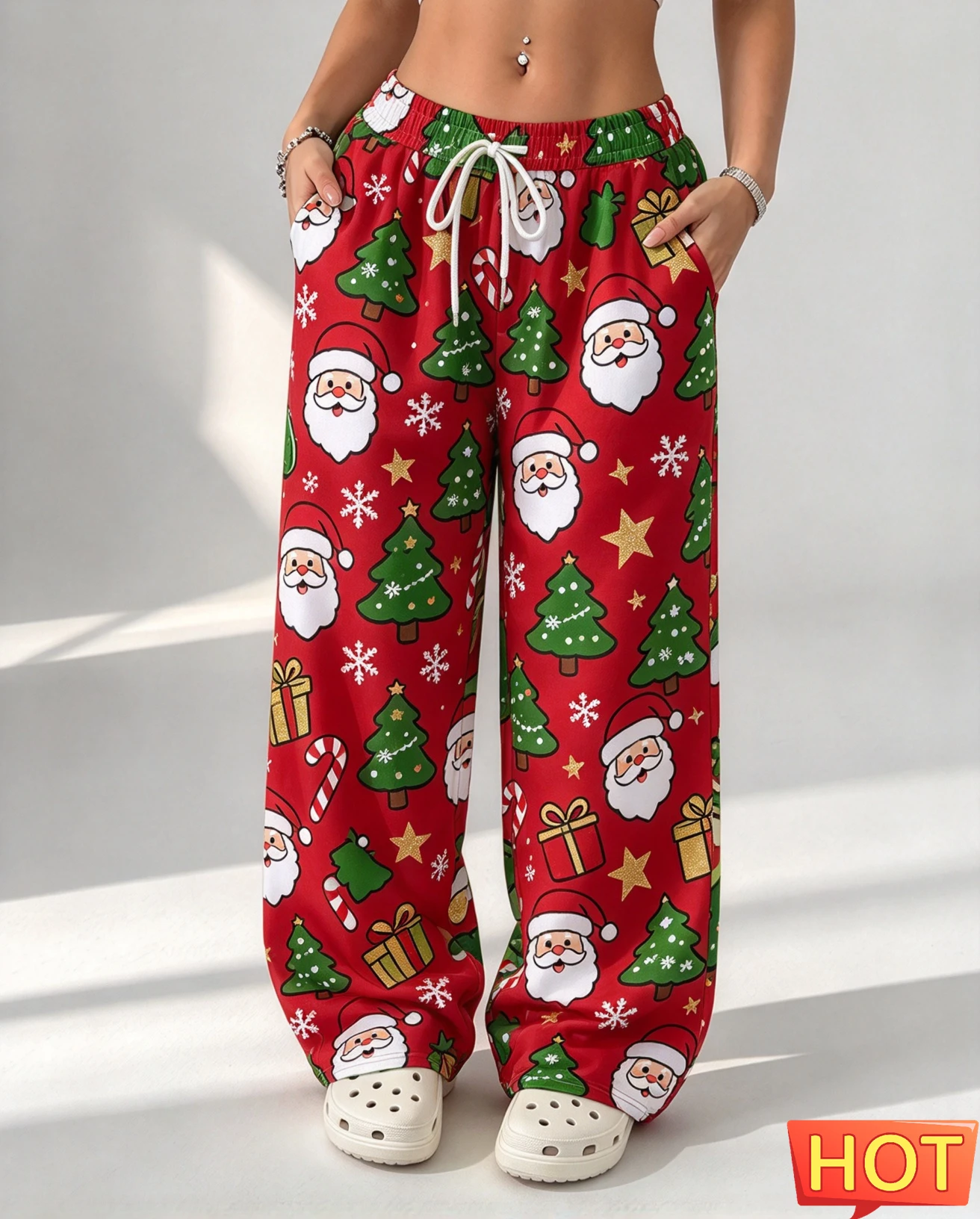 Funny Santa Claus Print Women's Pants Cartoon Christmas Reindeer Pattern Wide Leg Pants Autumn Fashion Casual Loose Home Pants