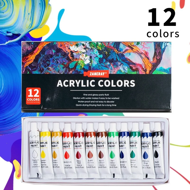 12/24 Colors 12ml Acrylic Paint Set, Professional Art Supplies for Canvas, Wood & Ceramics, for Students, Beginners & DIY
