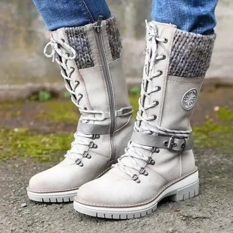 Women\'s Waterproof Knee Snow Boots Knitted Spliced Warm Snow Boots for Women