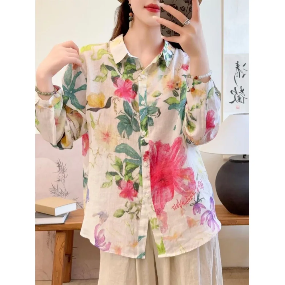 เสื้อเชิ้ตผ้าลินินพิมพ์ลายดอกไม้ใหม่ ฤดูใบไม้ร่วง 2025 ทรงหลวมอเนกประสงค์ แขนยาว คอปกติดกระดุม