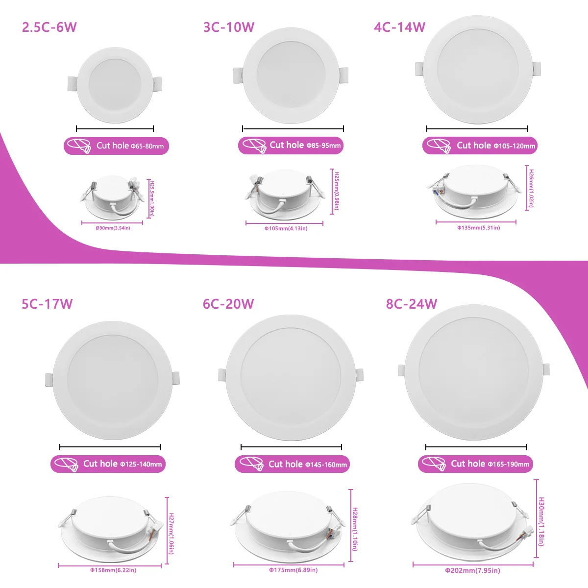 2PCS LED Downlight LED Ceiling Spot 3 colors  AC100-240V 6W 10W 14W 17W 20W 24W Recessed in Downlight Light Cold Warm white Lamp