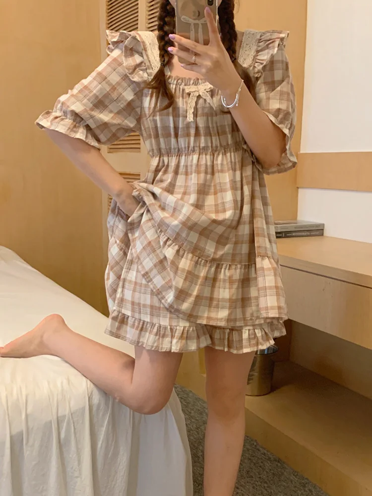 

Home Loose Lovers Stripe Plaid Short sleeved pajama set Summer Korean Style Simple Man and Wife Ins Sleep Tops Two Piece Set