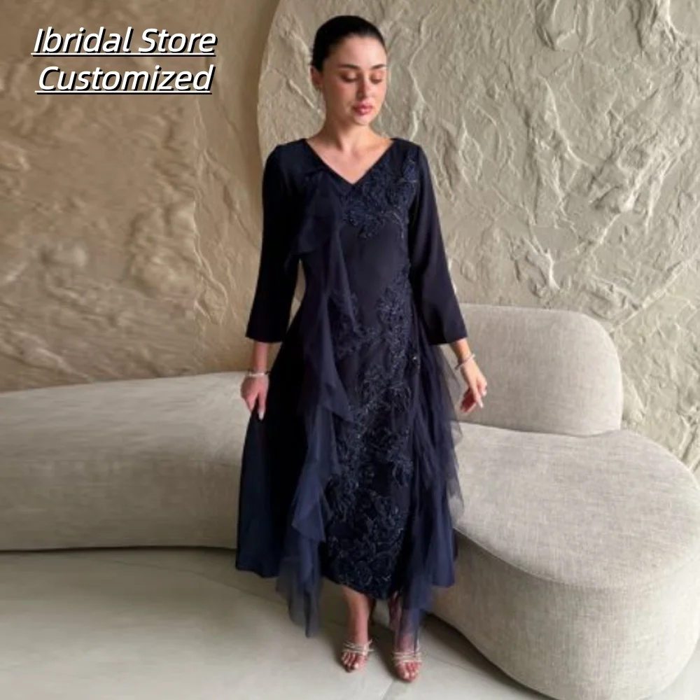 Vestido elegante personalizado con cuello en V para madre de la novia, gasa hasta el té, manga tres cuartos, Apliques de encaje, vestidos de fiesta