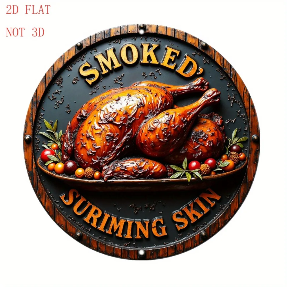 Letrero Redondo de Madera Rústico Retro 2D Plano Vintage con Diseño de Comida BBQ de Surimi Ahumado, Placa de Madera, Arte de Pared Estético para Cocina