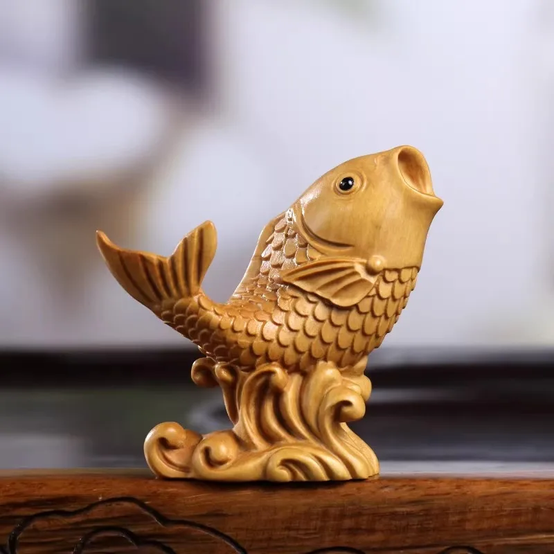 Koi Fish Ascending Waterfall Sculpture - Fine Boxwood Carving for Good Fortune, Elegant Handheld& Auspicious Home/Office De