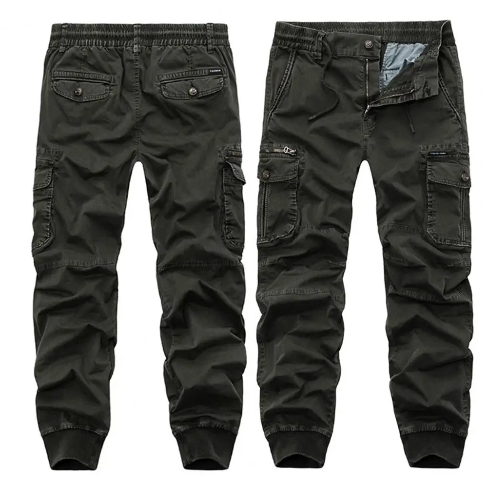 Multi Pockets Men Cargo Pants Elastic Waist Zipper Fly Lace-up Ankle Tied Trousers Outdoor Men Tracksuit Trousers Sports Pants