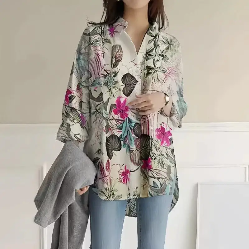 Women's 2025 Spring/Summer Loose Long Sleeve Cotton Linen Printed Shirt Jacket – Stylish Large Size Blouse, Trendy Top G197