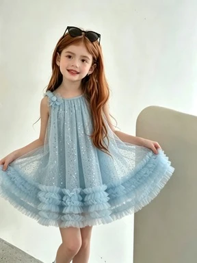 Nubao Summer New Sweet Girl Wind Sparkling Leaf Edge Sleeveless Princess Puff Skirt