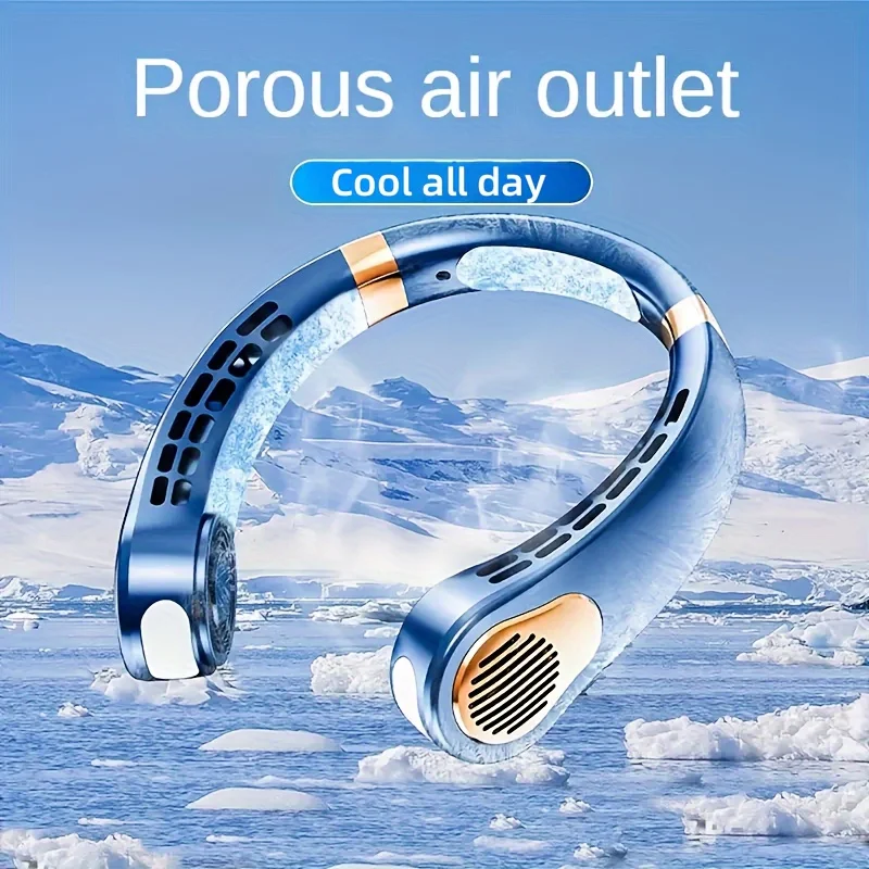 1pc ポータブルネック冷却ファン - 洗練されたブレードレスデザイン、5 スピード強風、TYPE-C 高速充電、バッテリー & ギア LED ディスプレイ、C