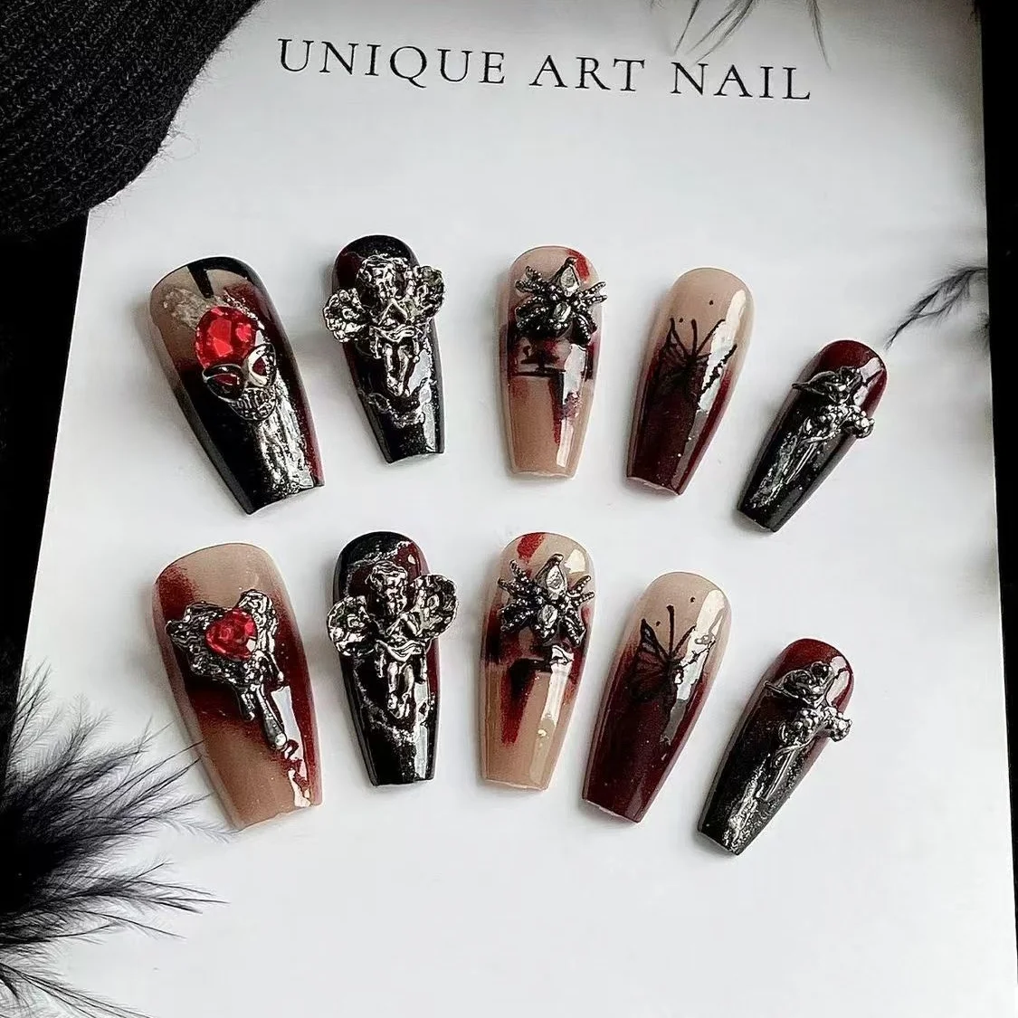 

10pcs handmade coffin shaped nail art, beautiful fake nails, Halloween skeletons, suitable for women to use