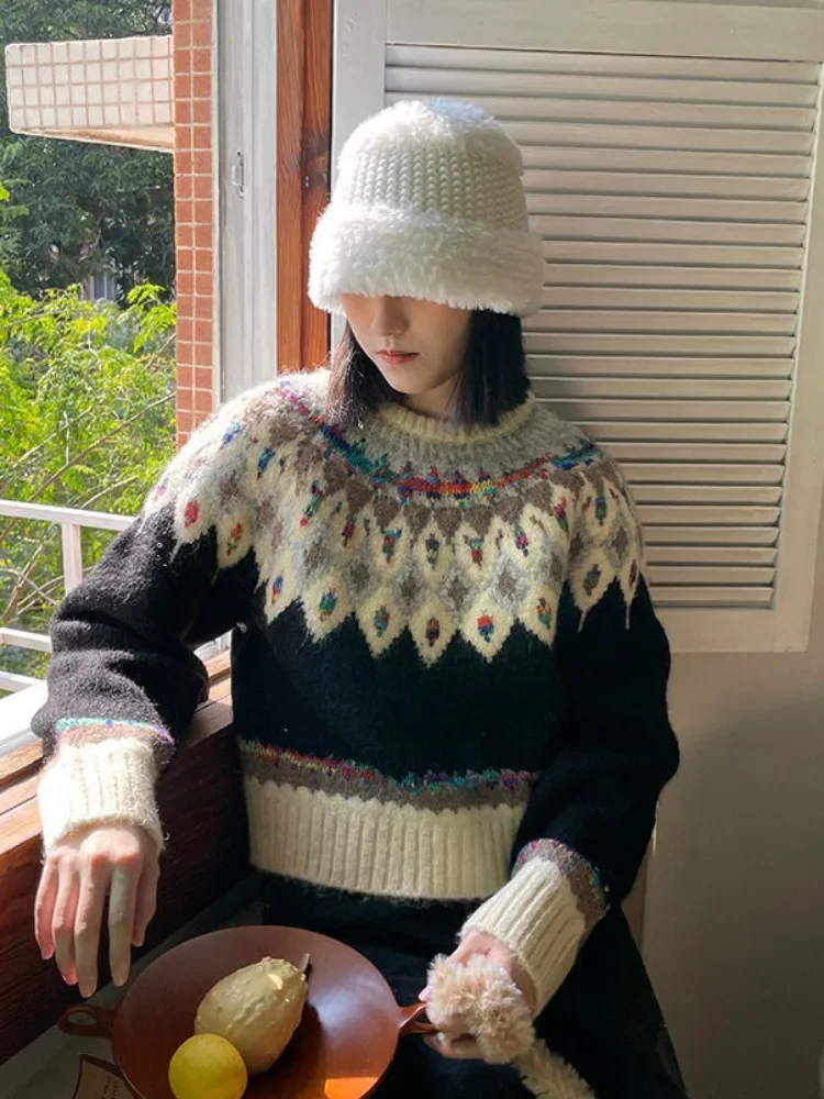 ADAgirl Vintage Argyle Knit Women‘s Sweaters Harajuku Rainbow Color Long Sleeve Pullovers Japan Style Cutecore Winter Clothes