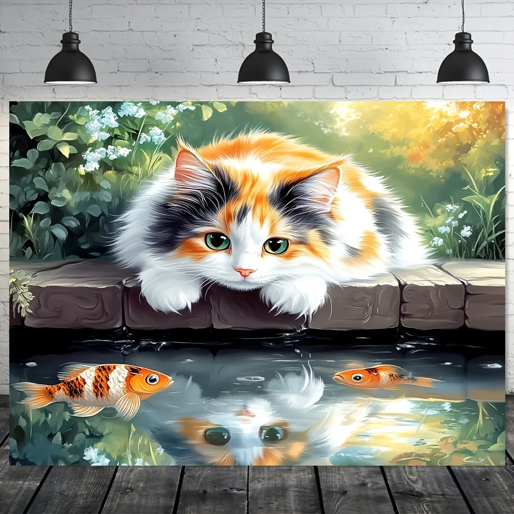 

Calico Cat Tapestry Koi Fish Pond Garden Art Cute Pet Wall Hanging Home Decor Simple Installation Simple Installation non-toxic