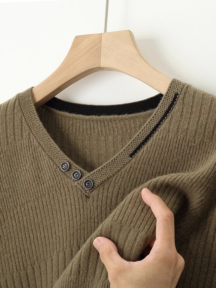 Suéter de lana pura con cuello en V para hombre, Tops sueltos de Jacquard para jóvenes, chaqueta cálida informal con botones, camisa Base de gran tamaño, otoño e invierno, nuevo, 100%