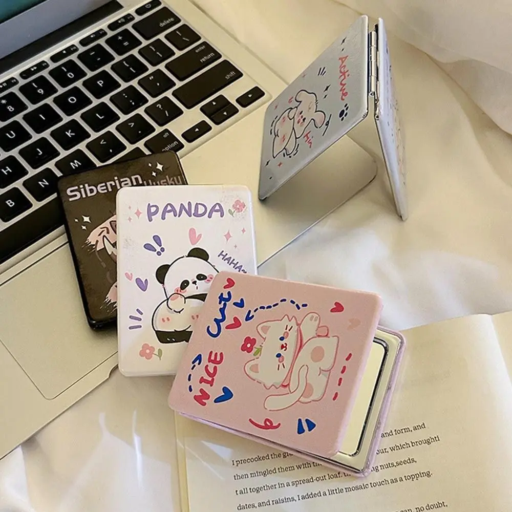 Niedlicher faltbarer Make-up-Spiegel aus PU, faltbar, hochauflösend, faltbar, Kosmetikspiegel, Katze, Panda, rechteckiger Taschenspiegel, Waschtischwerkzeuge