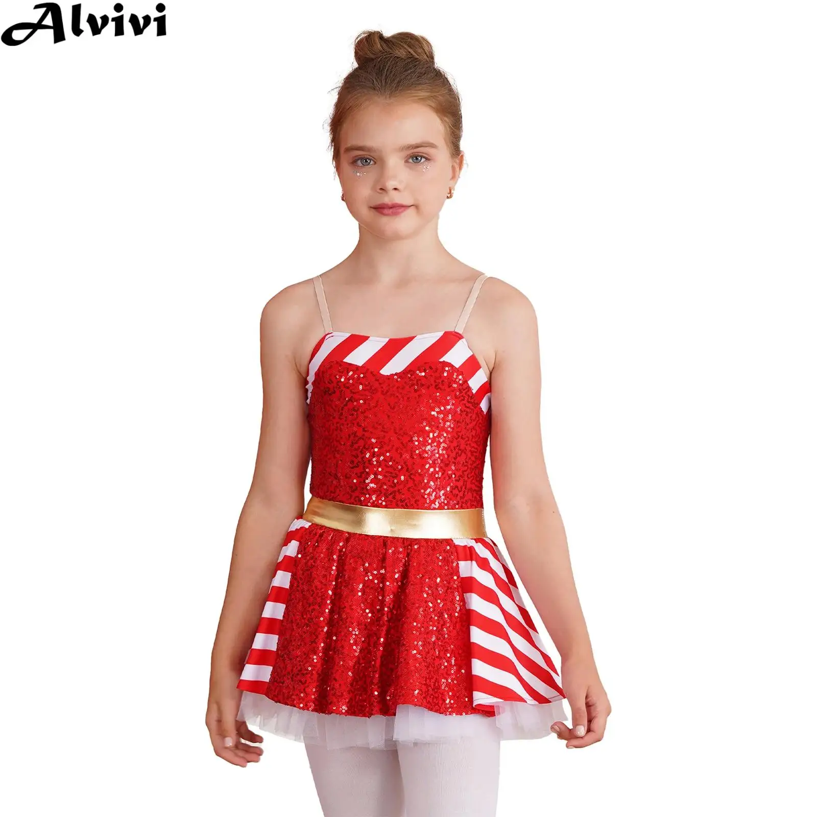 

Kids Girls Christmas Xmas Dance Dress Sleeveless Striped Sequin Leotard Tutu New Year Party Ballet Skating Gymnastics Costume