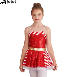 Kids Girls Christmas Xmas Dance Dress Sleeveless Striped Sequin Leotard Tutu New Year Party Ballet Skating Gymnastics Costume