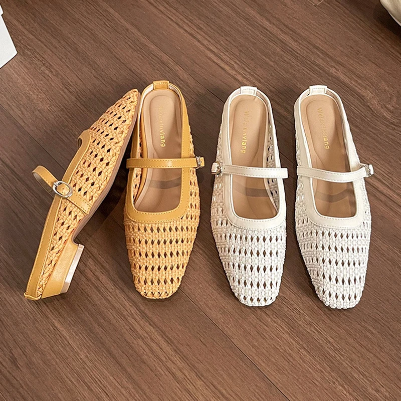 

Shoes Woman Weave Square Toe Mules Chunky Heels Slippers Hollow Out Sandals Shallow Slip on Slides Big Size Casual Flip Flops