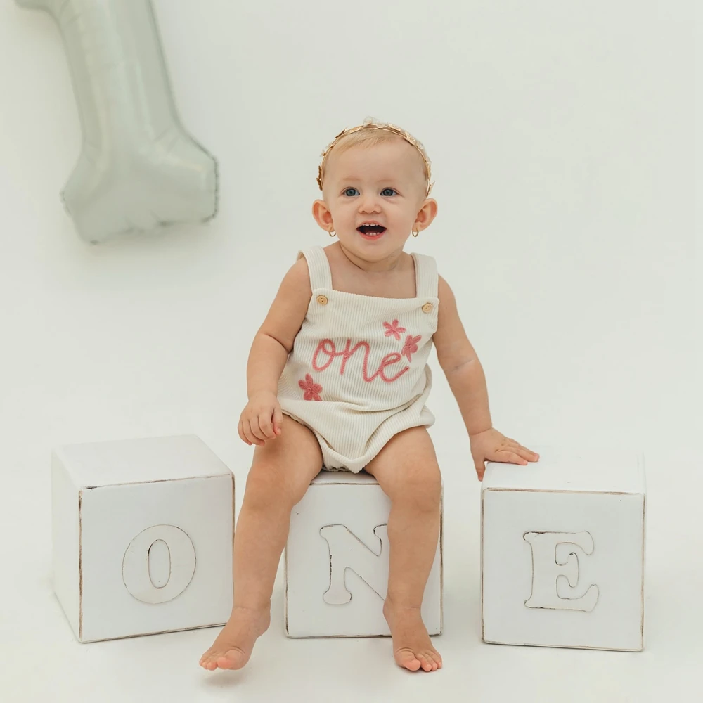 1st Birthday Baby Girl Romper White Pink Floral Embroidered ONE Infant Photography Outfit 6-12M 12-18M Newborn Toddler Clothes