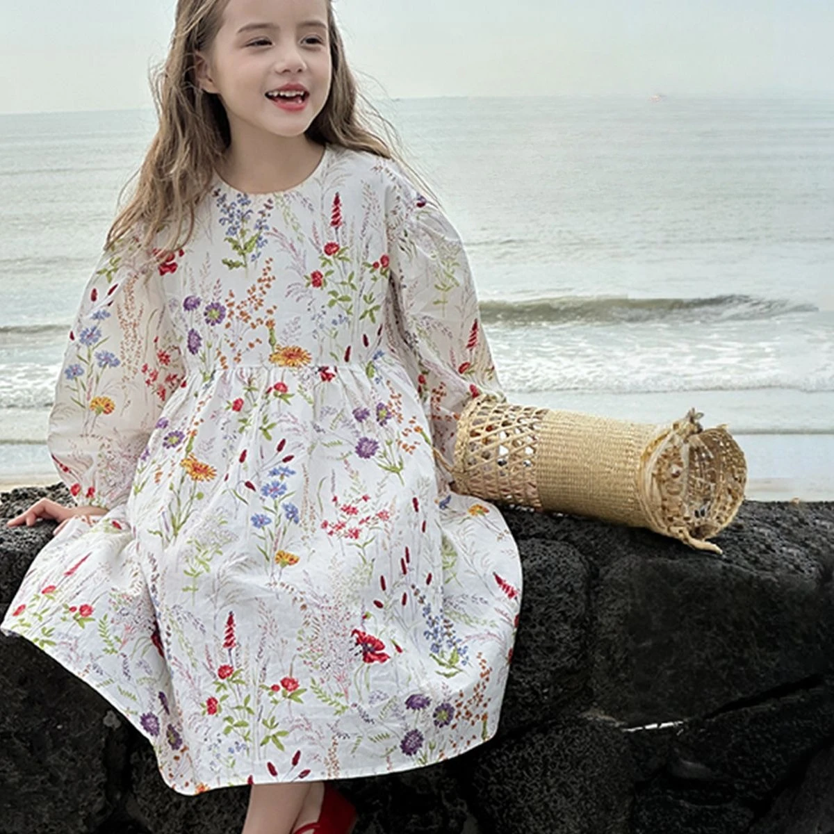 Girl Princess Dress 2025 Spring and Summer New Floral Long Skirt with Temperament and Long Sleeve Dress