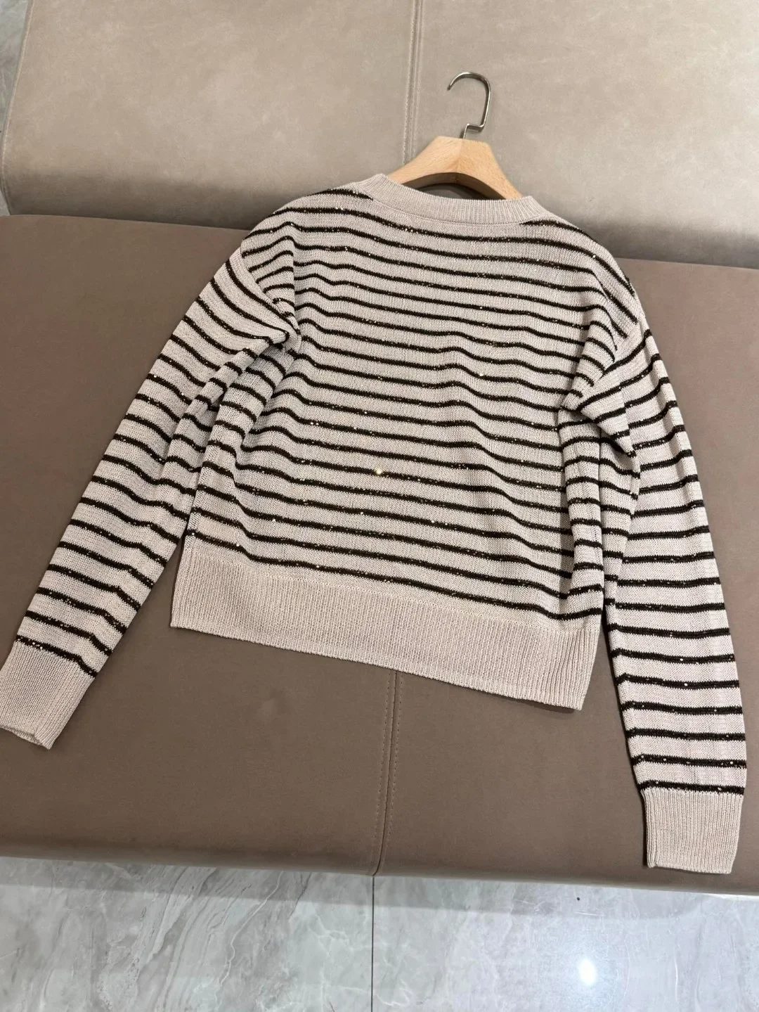 Autumn B*C Women's Sequins Knitted Pullover 100% Cotton Striped Round Neck Long Sleeve Loose Ladies Sweater