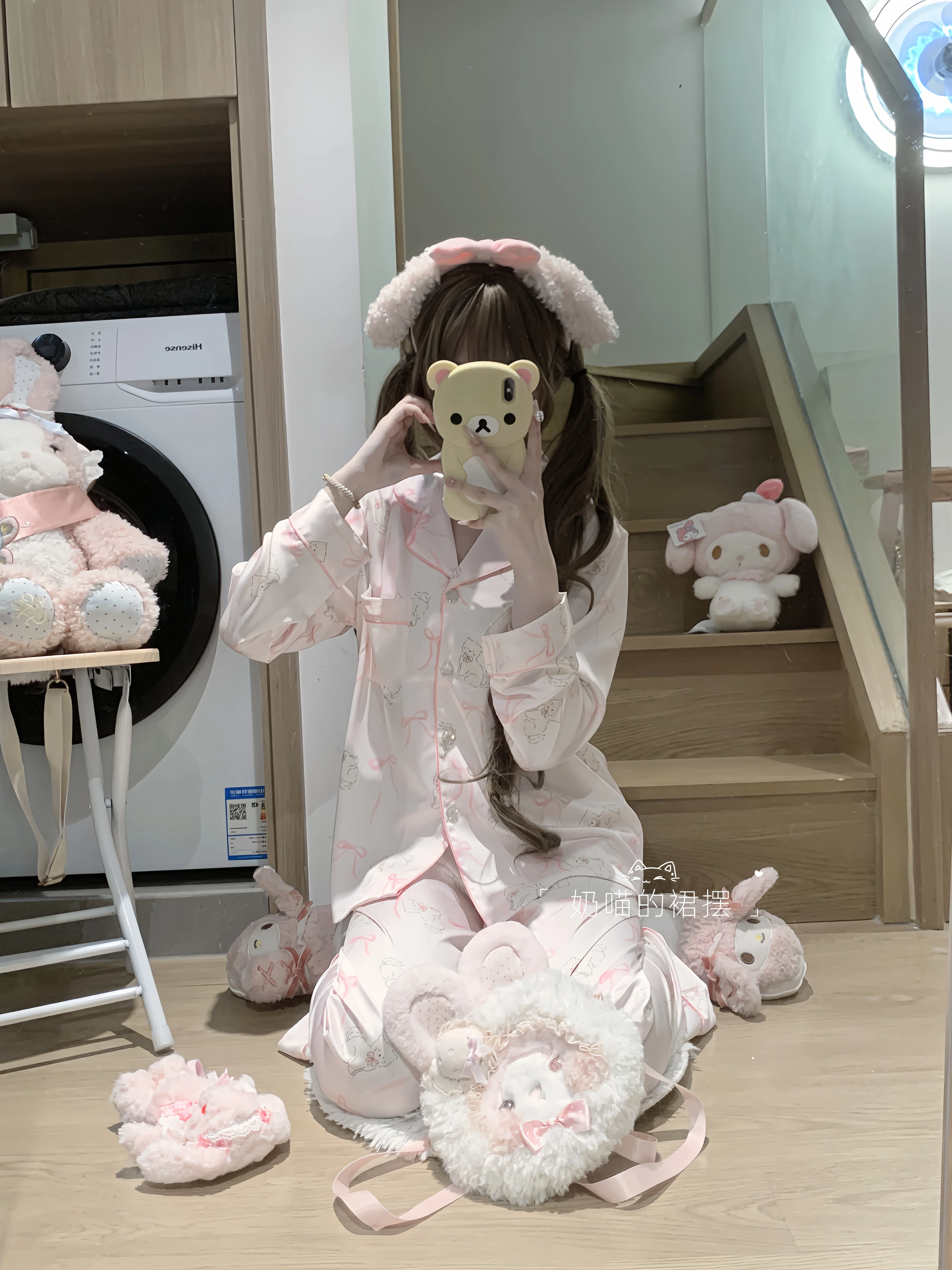 2025 Japanese Summer New Satin Ice Silk Long-sleeved Pajamas Cartoon Print Sweet Cute Girl Doll Loungewear Set